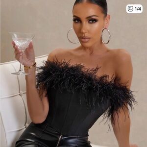 Club L London Black Feather Trim Corset Top